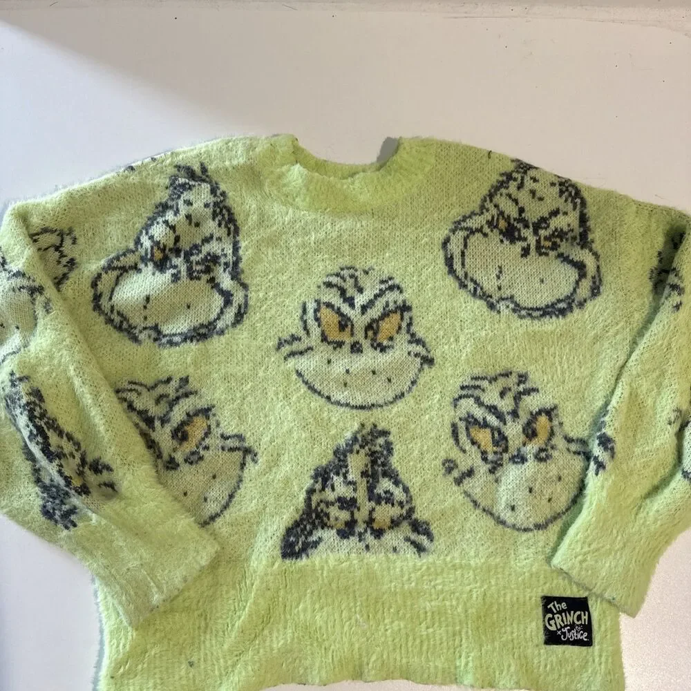 The Grinch By Justice Green Fuzzy Christmas Sweater GIRLS SMALL 7/8